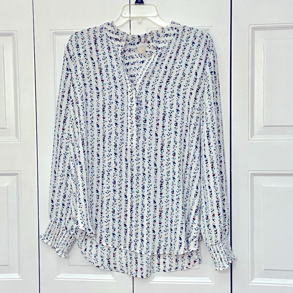Loft Outlet, White Striped Blouse with Gathered Wrists, Size XL